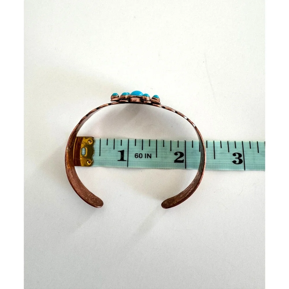 Vintage Solid Copper Faux Turquoise Cuff Bracelet Southwestern Stamped Design